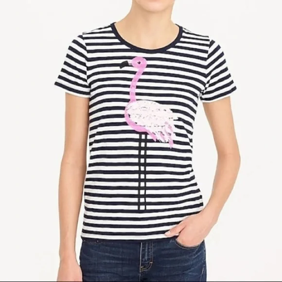 J. Crew Collector Tees navy and white stripe t-shirt pink flamingo, Large - Picture 2 of 9